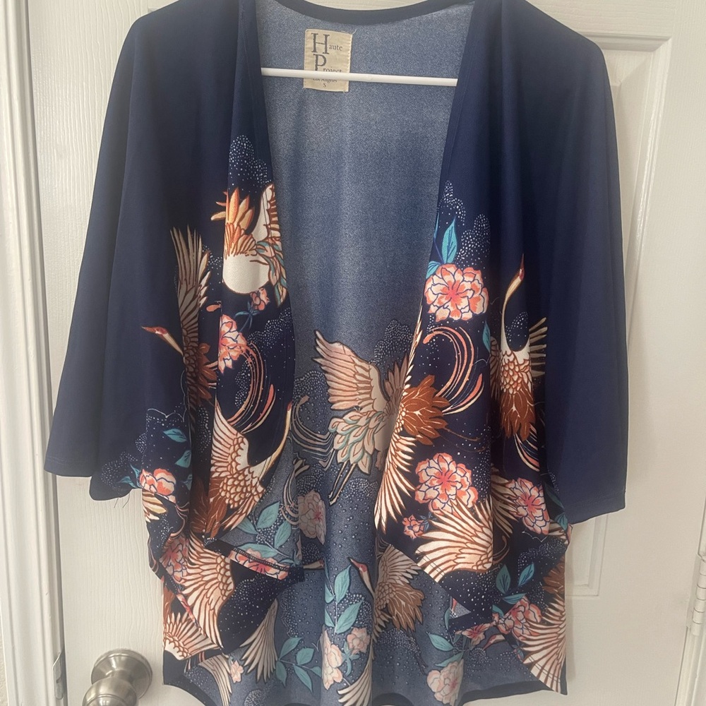 Haute Project Elegant Navy Kimono with Floral and Bird Design